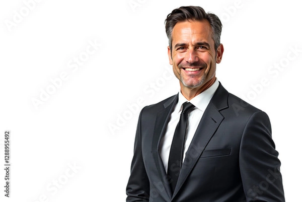 Fototapeta Smiling businessman portrait isolated on white background. Middle-aged professional man in suit for corporate website, business brochure, or LinkedIn profile. Isolated on transparent background.