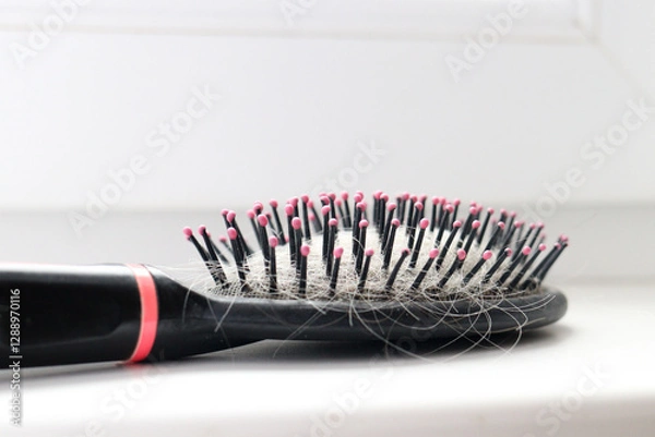 Fototapeta black plastic comb with pink tips on the teeth, tangled in fallen hair. hair indicates the need to clean the comb.a reminder of the importance of hair care and monitoring to prevent excessive shedding