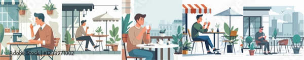 Fototapeta Vector of a young man drinking coffee at a café.