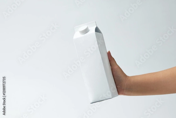 Obraz Hand Holding a Plain Milk Carton Against a Light Background Showing Texture and Shape in a Minimalistic Style
