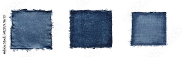 Fototapeta Denim square patch with frayed edges isolated on white or transparent background