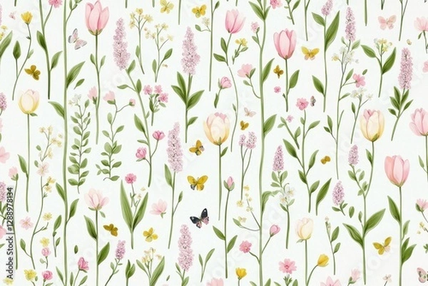 Fototapeta Romantic Pastel Spring Background. Floral pattern with butterflies and greenery