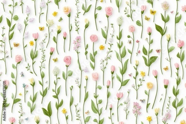 Fototapeta Romantic Pastel Spring Background. Floral pattern with delicate flowers and greenery