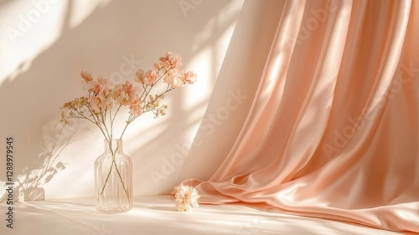 Fototapeta Romantic Pastel Spring Background. Delicate flowers with soft fabric backdrop