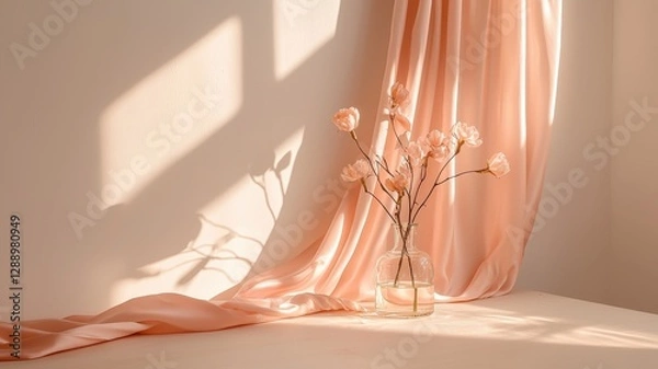 Fototapeta Romantic Pastel Spring Background. Soft drapery with flowers and gentle shadows