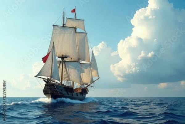 Fototapeta Frigate barque's sails fill with wind as it glides across the calm sea, frigate barque, sailing, clouds
