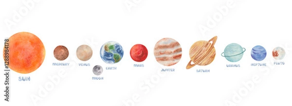 Obraz Watercolor set of illustrations. Hand painted solar system planets in order with star Sun, satellite Moon. Mercury, Venus, Earth, Mars, Jupiter, Saturn, Uranus, Neptune, Pluto. Isolated space objects