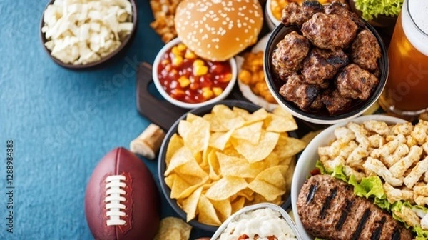 Obraz Game Day Feast: An array of savory snacks and refreshing drinks create a mouthwatering arrangement, perfectly capturing the essence of game day enjoyment.