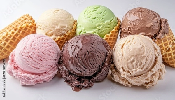 Fototapeta Delicious Assortment of Ice Cream Scoops in Waffle Cones Ready to Eat