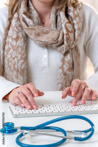 Fototapeta Healthcare worker typing with stethoscope