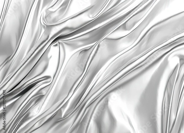Fototapeta Silver satin fabric with folds and glossy reflective surface. Metallic silver background with shiny foil texture. Textile backdrop ideal for fashion, festive celebrations and stylish designs.