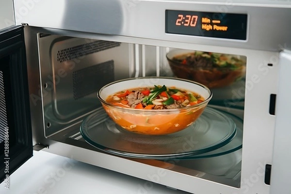 Fototapeta Stainless Steel Microwave Oven with Glass Bowl of Hearty Vegetable Soup 