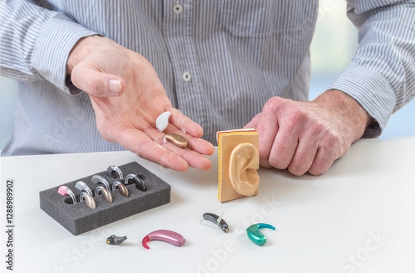Fototapeta Demonstrating various styles of hearing aids