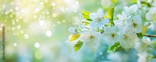 Fototapeta Spring background with white flowers on a blurred green spring nature scene, a blooming tree branch with delicate blossoms, a bokeh effect. A banner design. Springtime concept. 