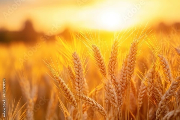 Fototapeta A golden wheat field bathed in warm sunlight at sunset. The ripe ears of wheat sway gently in the breeze, creating a peaceful and abundant rural landscape.