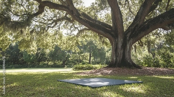 Fototapeta A clean outdoor yoga session with a single mat placed under a large tree. background