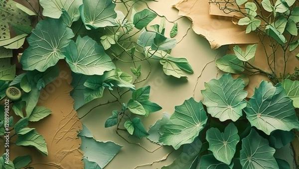 Fototapeta Green botanical leaves arranged on textured background for vibrant and peaceful setting