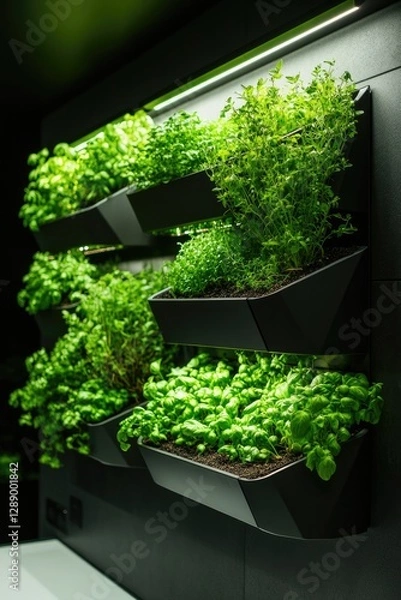 Fototapeta Lush greenery thrives in modern vertical garden with sleek desig