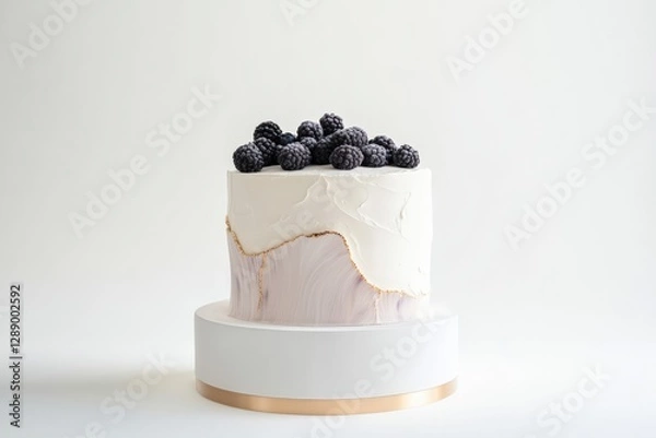 Fototapeta A modern, minimalist cake with a white and soft purple marbled design, accented with gold detailing and topped with fresh blackberries.
