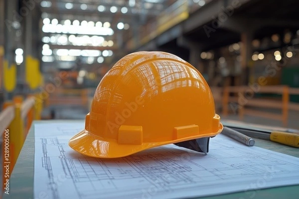 Fototapeta Safety helmet sits on a detailed blueprint at a construction site, surrounded by various tools and illuminated by natural light