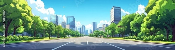 Obraz A sleek, modern illustration in flat style highlighting a city scene with shops, buildings, a crossing, a mall, and traffic lights