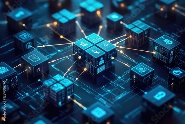 Obraz Connected digital cubes, intricate network, futuristic technology