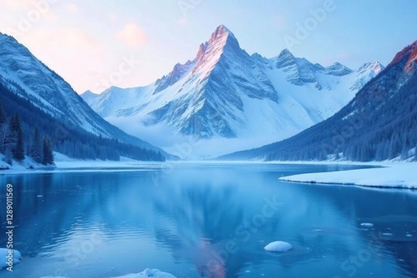 Fototapeta Frosty mountains in the background with a frozen lake, frosty mountain, frozen lake