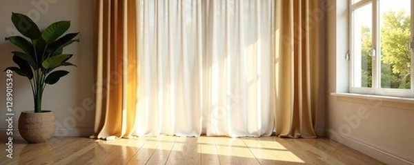 Fototapeta Wall of floor-to-ceiling curtains filtering natural light, elegant decor, natural light, filtered light