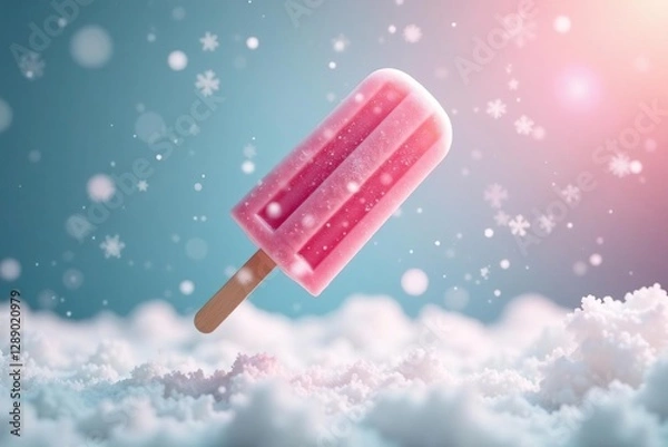 Fototapeta White and pink popsicles in mid-air on a metal stick amidst a sea of snowflakes, pink popsicle, fun