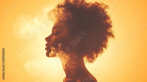 Fototapeta A silhouette of a woman on a colorful, artistic background, creatively portrayed in black and white with smoke for a unique design