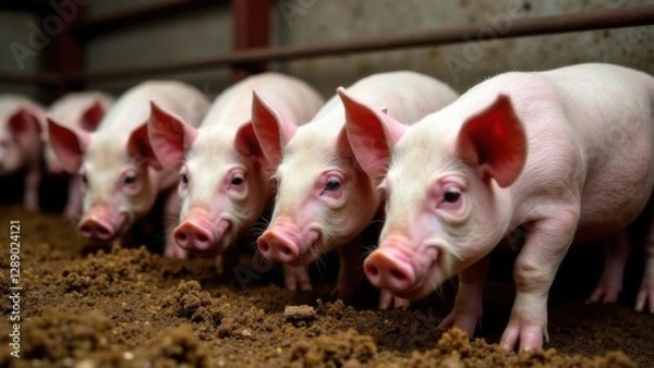 Fototapeta Pigs and piglets on a farm, eating in a pen. Livestock, cattle breeding, agriculture, farming