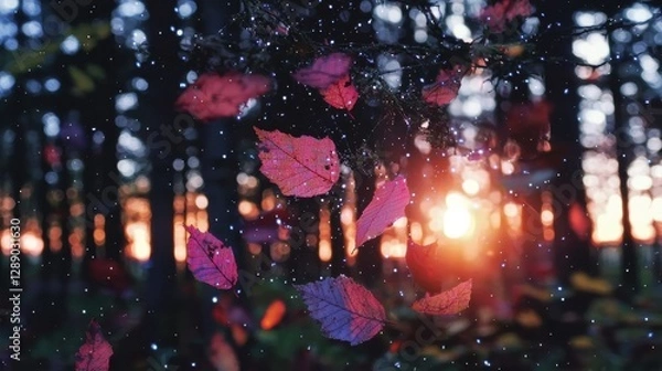 Fototapeta Falling autumn leaves at sunset in a tranquil forest nature scenic view serene atmosphere