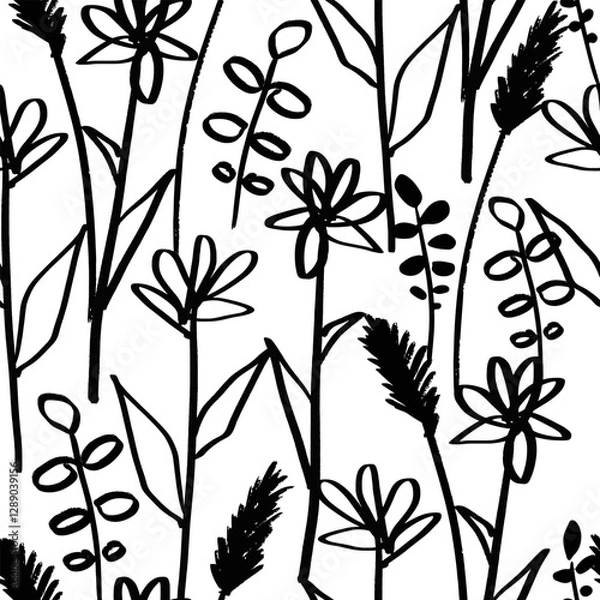 Fototapeta Bohemian seamless pattern with abstract hand drawn flowers and leaves. Minimalist linear botanical background. Fashion design for your textile and fabric, wrapping, etc.