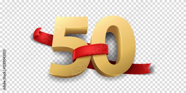 Obraz 50th Year anniversary celebration background. 3D Golden number wrapped with red ribbon and confetti, isolated on transparent background.