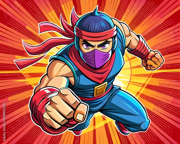 Fototapeta Pop art comic book style super ninja punching in mask