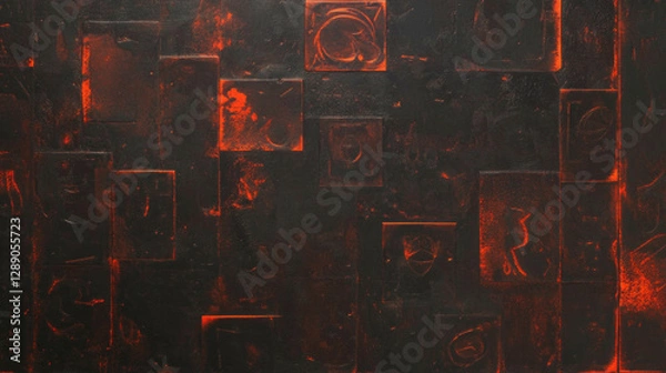 Fototapeta Copper texture with carved symbols and abstract overlay for artistic design
