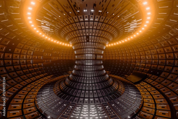Fototapeta Nuclear Fusion Reactor, Tokamak Plasma Core Concept Illustration. Futuristic depiction of sustainable clean energy research, showcasing glowing plasma, advanced technology, and power generation