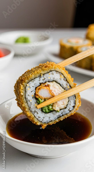 Fototapeta Tempura sushi roll being dipped into soy sauce with chopsticks, capturing the crisp texture of the tempura and the rich color of the sauce, against a minimalist dining setting.