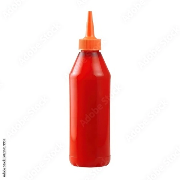 Fototapeta Red plastic ketchup bottle with no label, featuring a squeeze tip for easy dispensing, commonly used in kitchens and restaurants. Perfect Any Project.