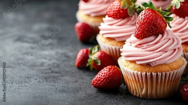 Obraz Delicious strawberry cupcakes with creamy frosting and fresh strawberries arranged on a dark surface ready for dessert time