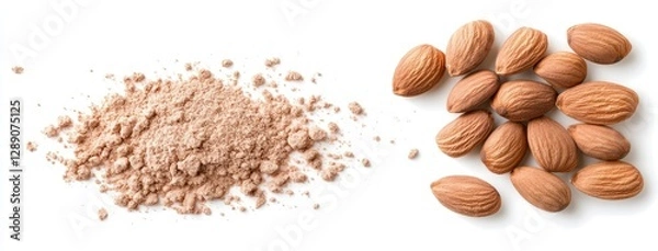 Fototapeta Almond powder and whole almonds displayed on a clean surface create a contrast highlighting their diverse culinary uses and textures in modern cooking