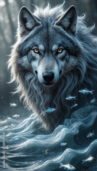 Fototapeta Majestic wolf stands in a mystical river, surrounded by swirling water and shimmering fish under a forest canopy
