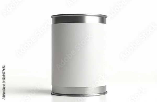 Obraz Food tin mockup with blank white label. Metallic aluminium container for food preserving. Tinned template of product packaging. Grocery cylinder closeup. Steel silver design. Realistic canister