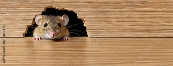 Obraz A tiny rodent is curiously peeking out from a small hole in the wooden surface, nestled in a warm, cozy indoor environment bathed in daylight