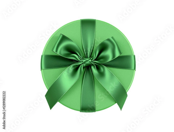 Obraz Green round gift box on top view with green silk ribbon bow isolated on transparent background