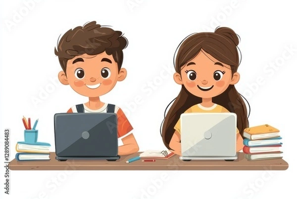 Fototapeta Two cheerful students learning together using laptops at a desk