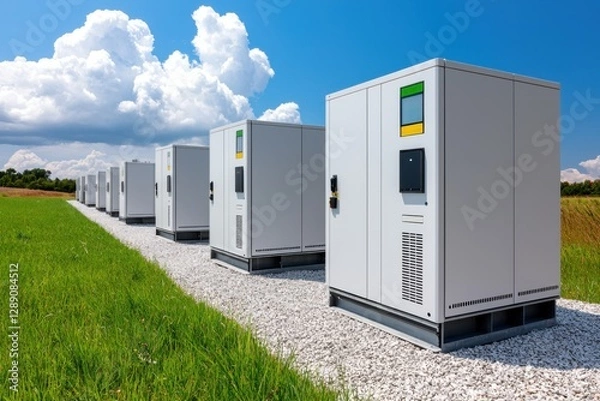 Fototapeta Energy storage solutions renewable power green field industrial infrastructure rural setting wide-angle sustainability focus