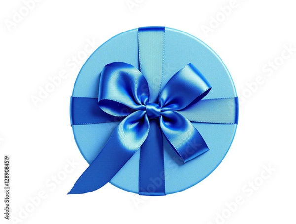 Obraz Blue round gift box on top view with blue silk ribbon bow isolated on transparent background