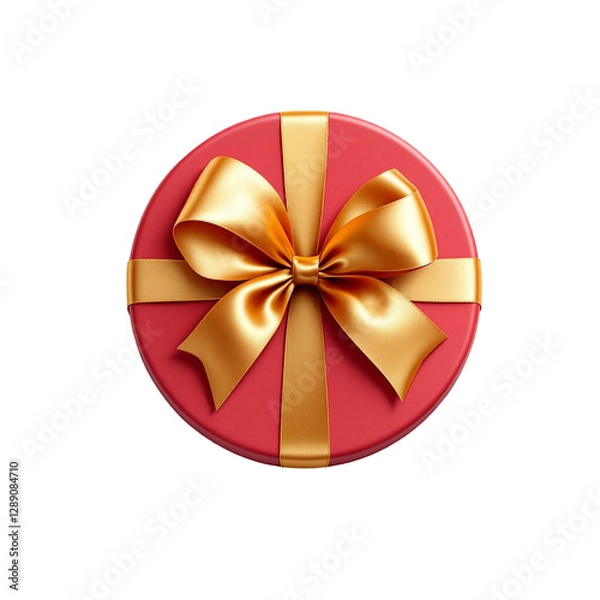 Obraz Red round gift box on top view with gold silk ribbon bow isolated on transparent background