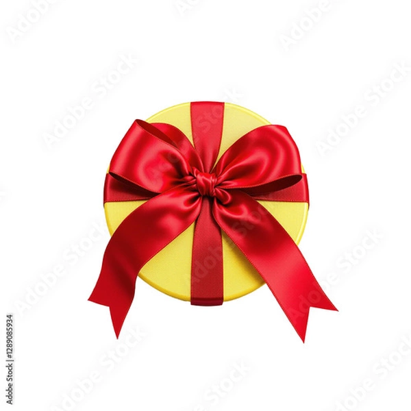Obraz Yellow round gift box on top view with red silk ribbon bow isolated on transparent background